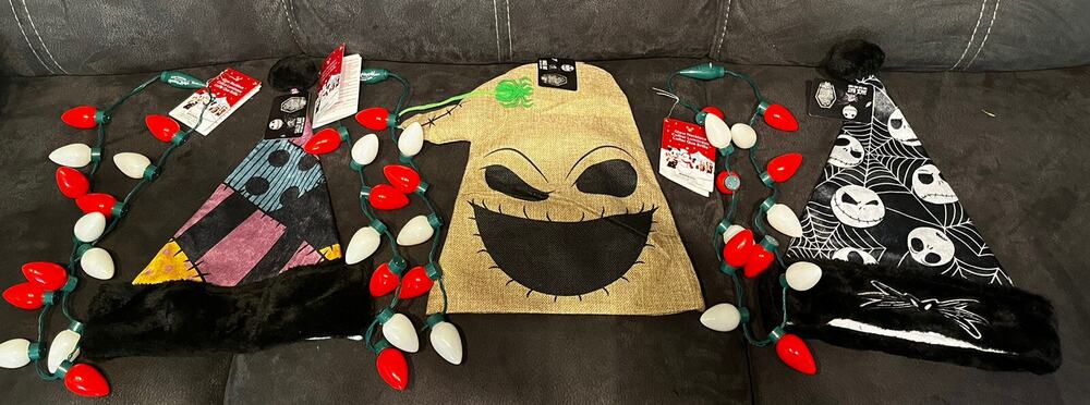 Disney Nightmare Before Christmas Santa Hats Jack Sally Oogie W/Xmas Bulb Neck